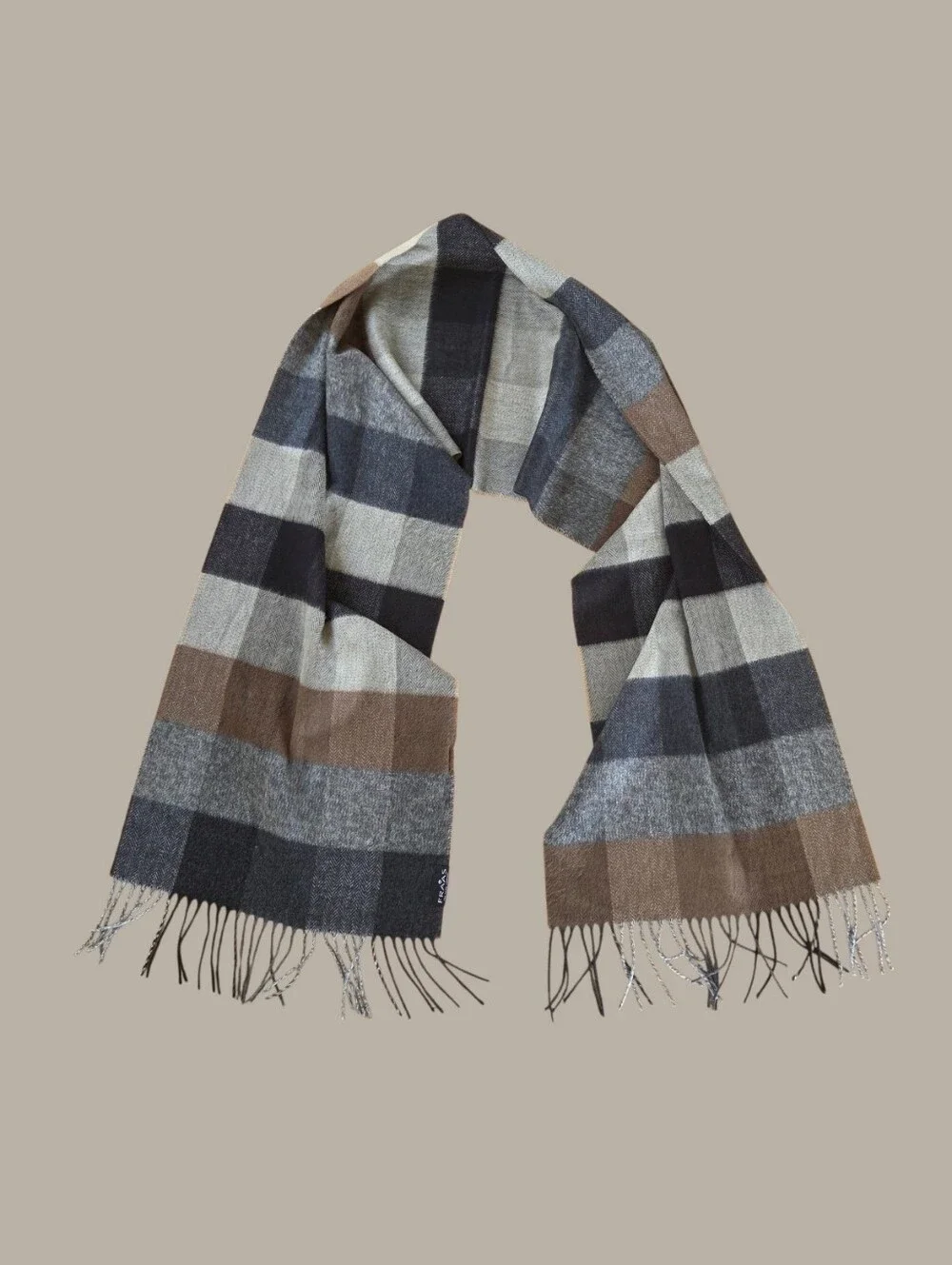 Fraas Plaid Scarf Made in Germany Brown Gray Black Taupe Unisex Fringe 14 x 70
